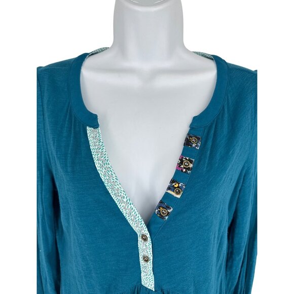 Little Yellow Button Anthropologie Henley Top Teal Blue Calantha Pocket Size S - Picture 2 of 13